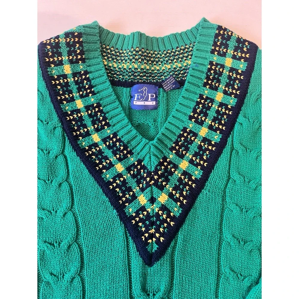 EP Pro Mens Green Cable Knit V-Neck Golf Sweater Plaid Trim Vintage‎ Size M